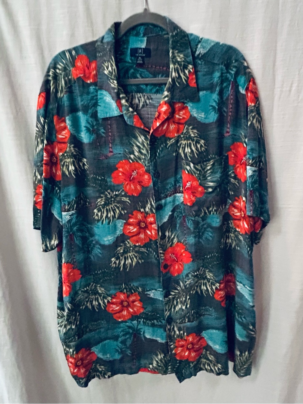 George Teal Tropical Hawaiian Camp Shirt with Red Floral Hibiscus & Leaf Print